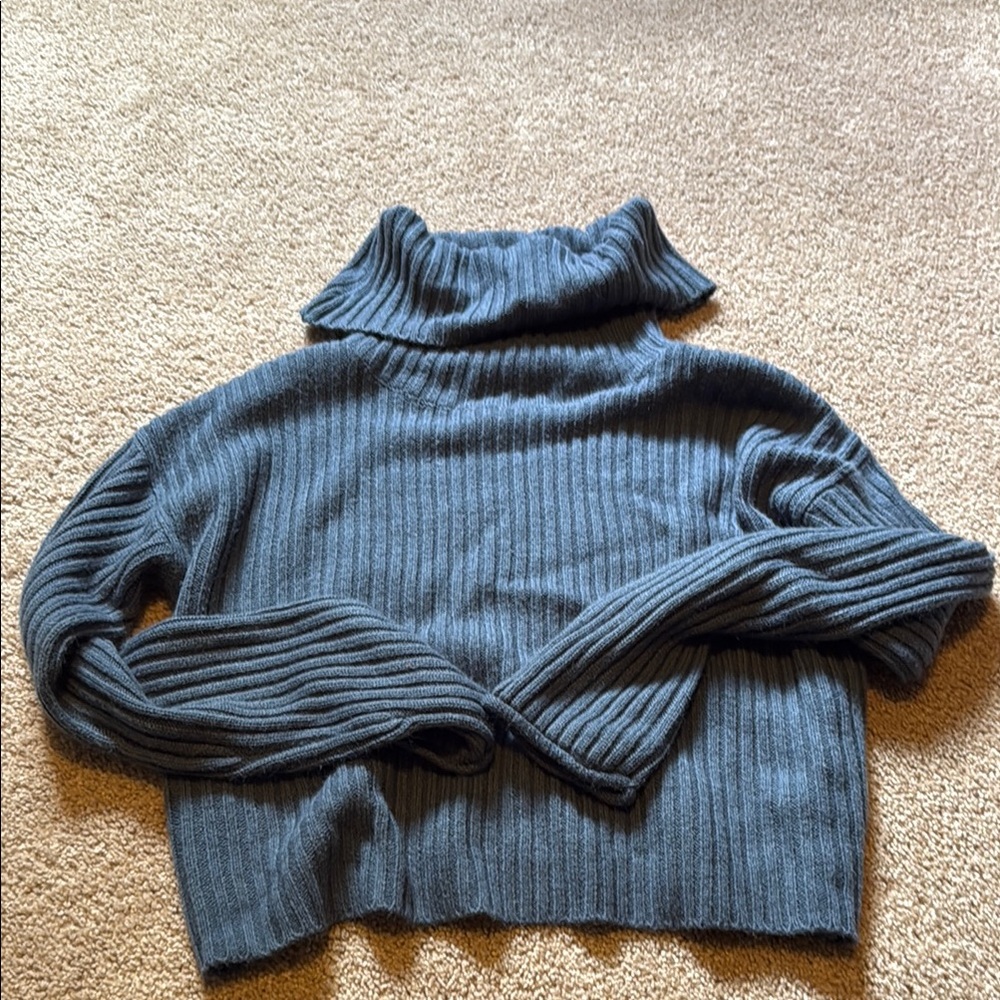 Blue Ribbed Cowl Turtleneck Sweater